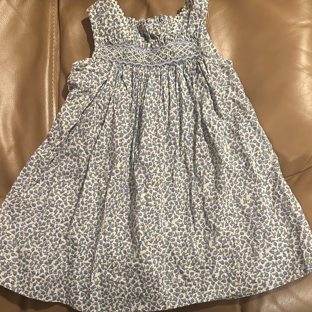 Anavini Blue hand smocked Floral Kids Dress